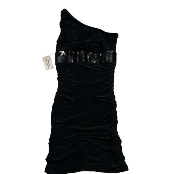 Vintage Forever 21 Y2K Dress S Black One Shoulder Babydoll Mini Sequin Ruched - Picture 1 of 10